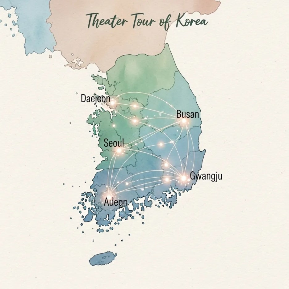 한국 지도 위에서 빛나는 여러 도시들의 모습