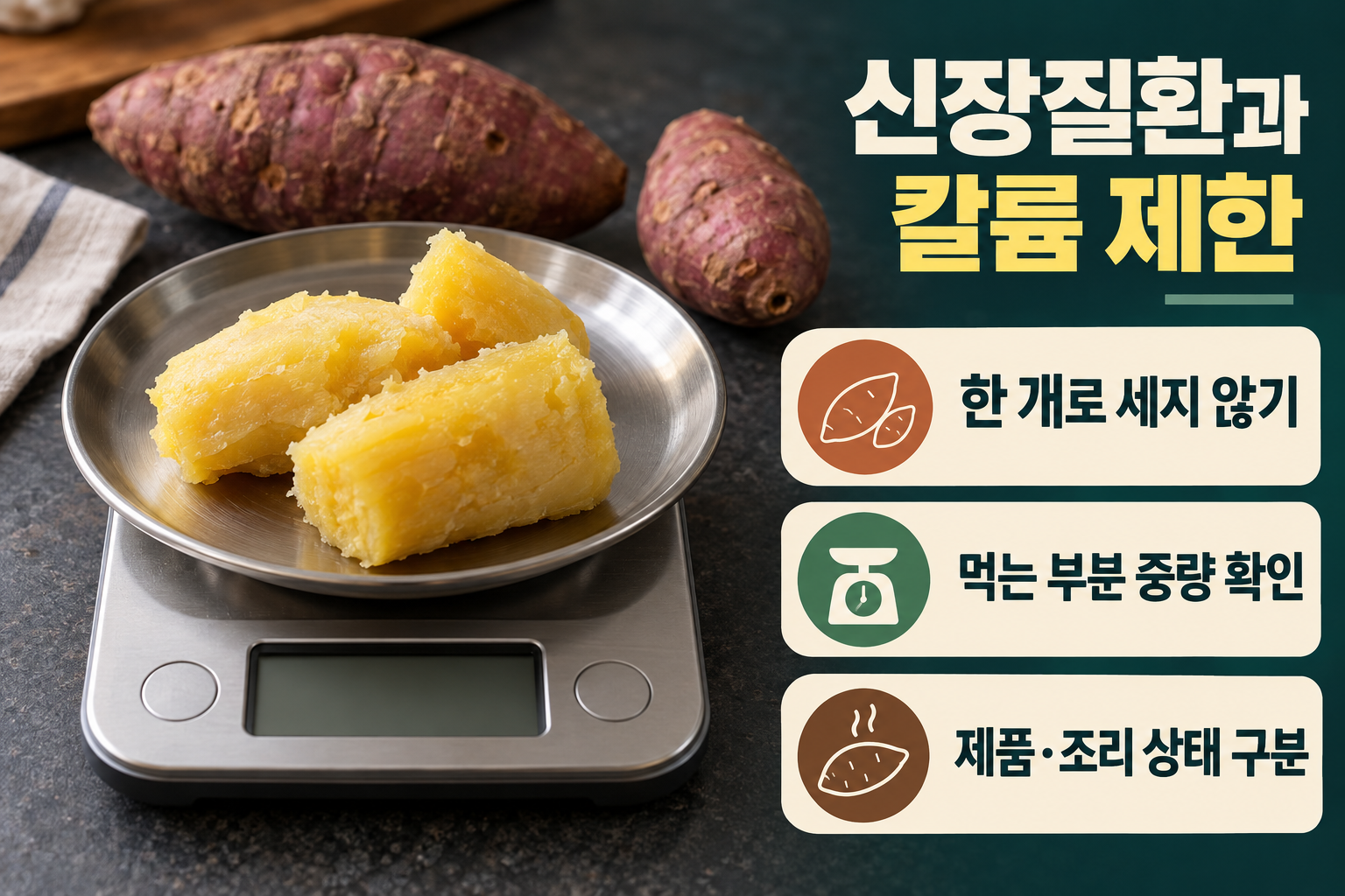 고구마 &middot; 칼륨 제한 중에는 큰 고구마를 한 개 단위로 세지 마세요 실사 인포그래픽