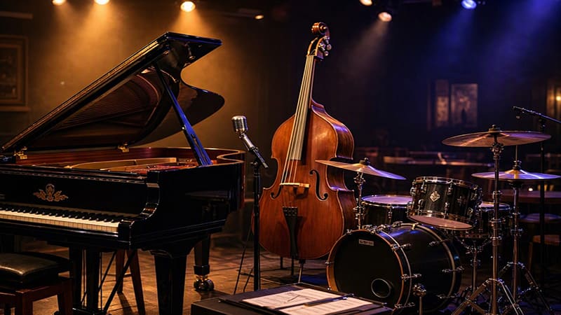 <img src=” jazz-instruments-piano-double-bass-drums.jpg” alt=”재즈 연주에 사용되는 피아노와 더블베이스, 드럼 등 대표 악기”>