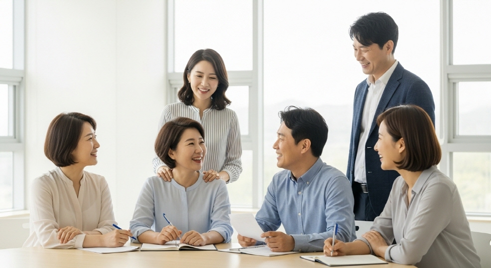 방학 전 교사들이 모여 회의하는 장면