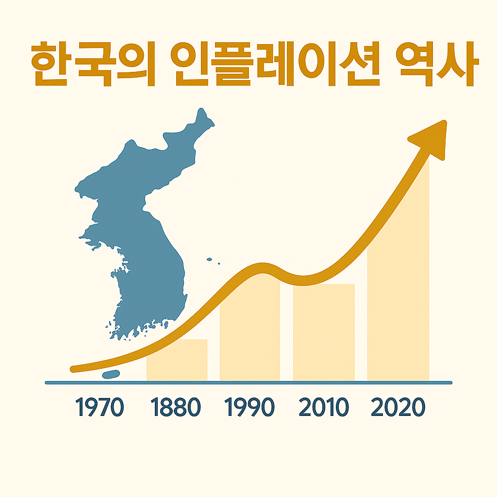 한국 인플레이션 역사를 나타내는 연도별 물가 상승 그래프와 지도 인포그래픽