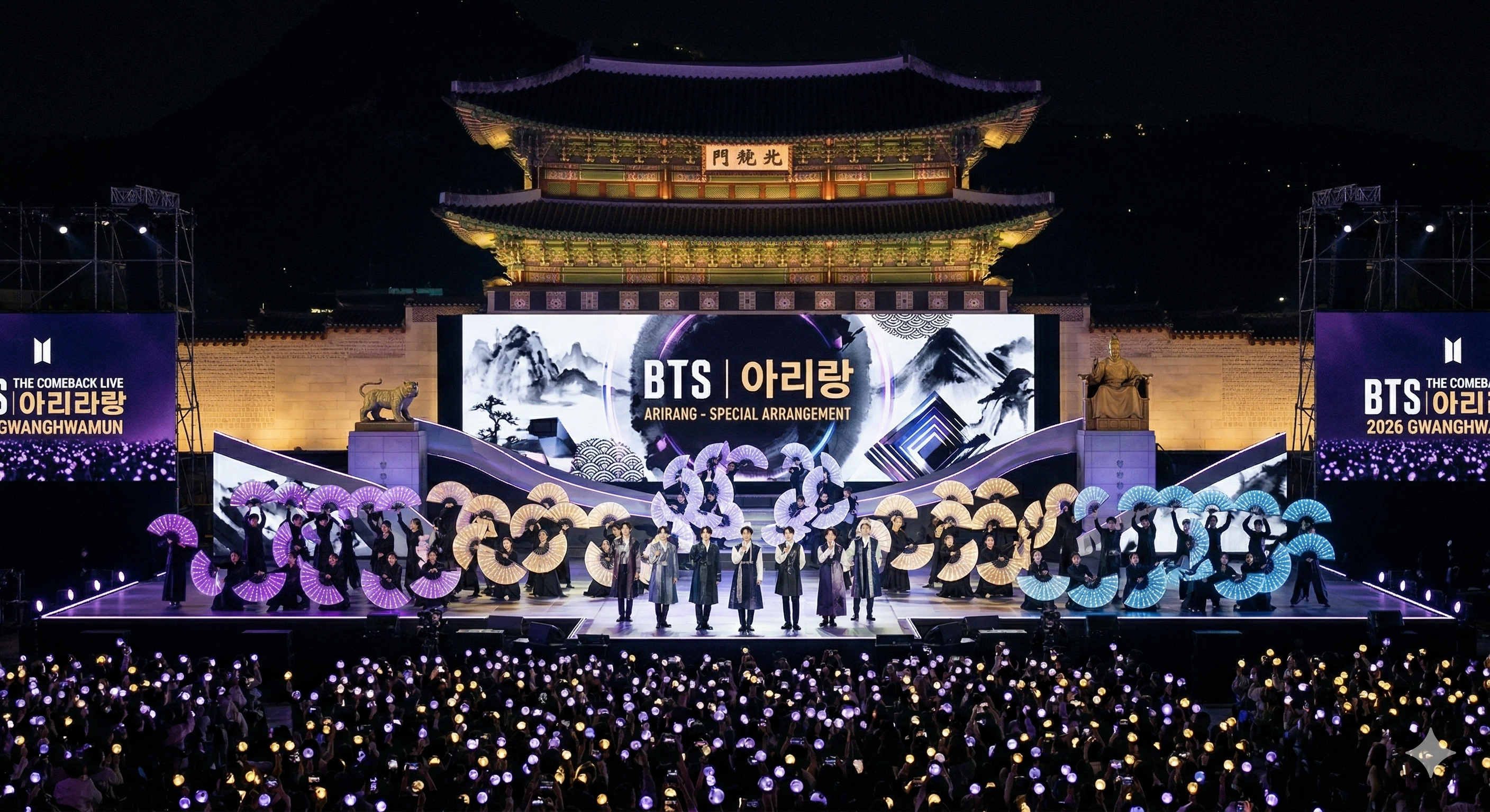 광화문 무대 위에서 전통 문양 부채를 들고 아리랑 퍼포먼스를 하는 방탄소년단