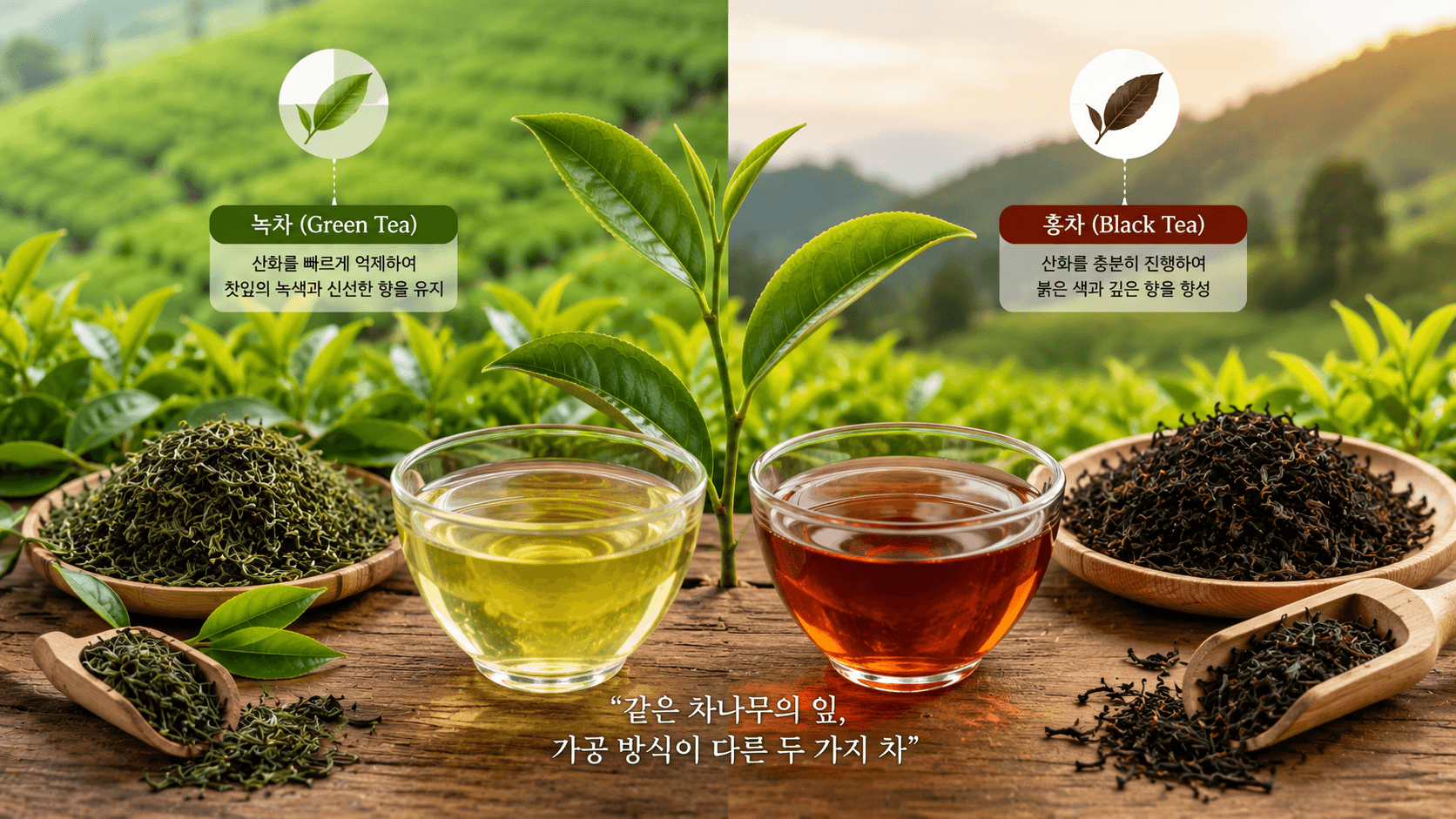 같은 차나무에서 만들어지는 홍차와 녹차 비교