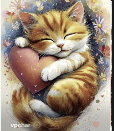 하트 쿠션을 안고 잠든 고양이 일러스트