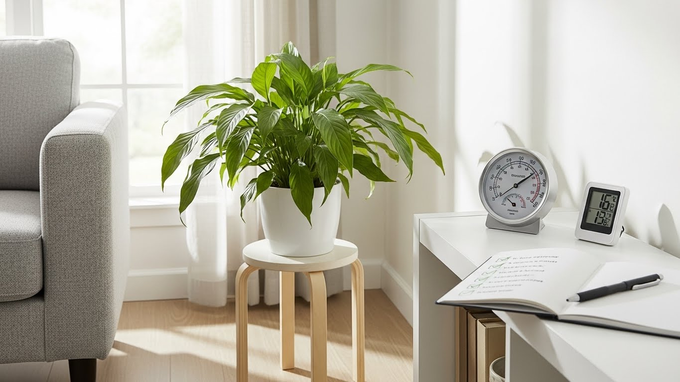 창가의 실내 식물과 함께 습도계와 온도계가 놓여 있는 모습. 실내 식물을 키우기 전 집 환경을 진단하는 방법을 설명하는 대표 이미지.