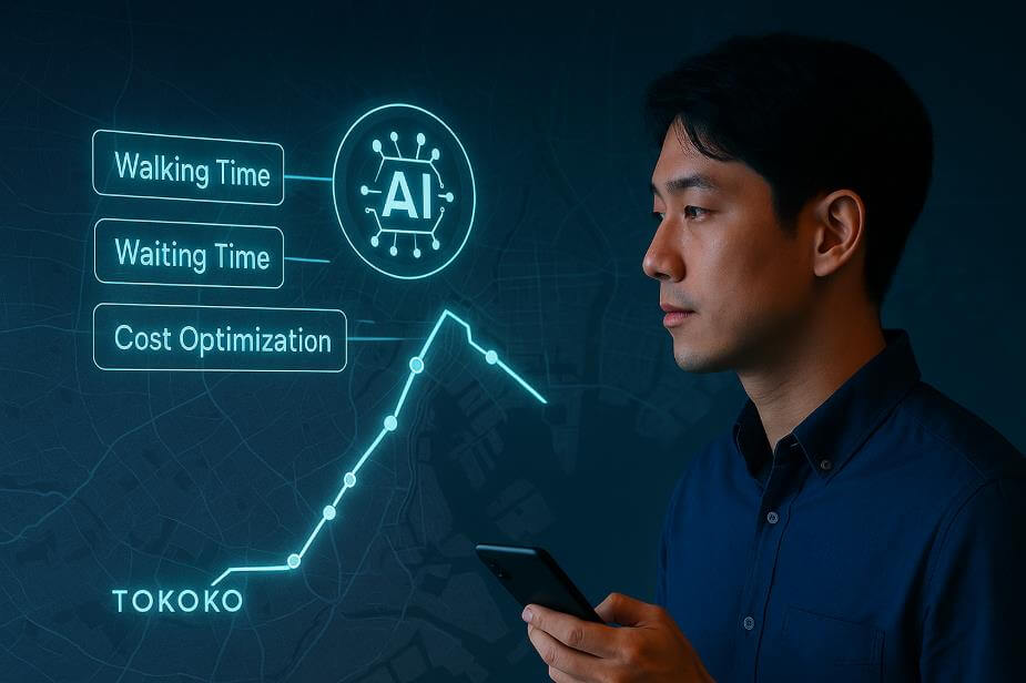 도쿄 지도 위 AI가 이동 루트를 분석하는 홀로그램 화면