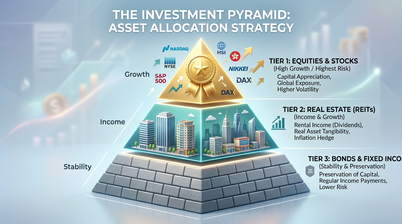 계급도(Pyramid) 형태의 인포그래픽 위에 주식, 리츠, 채권 ETF 로고가 배치된 모습