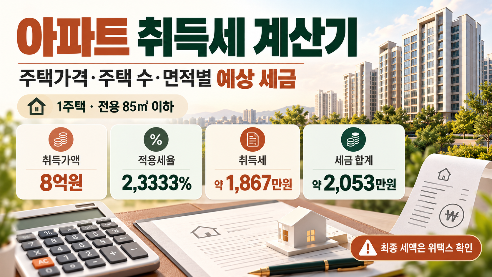 아파트 취득세 계산기 - 주택가격·주택 수·조정대상지역·면적별 예상 세금