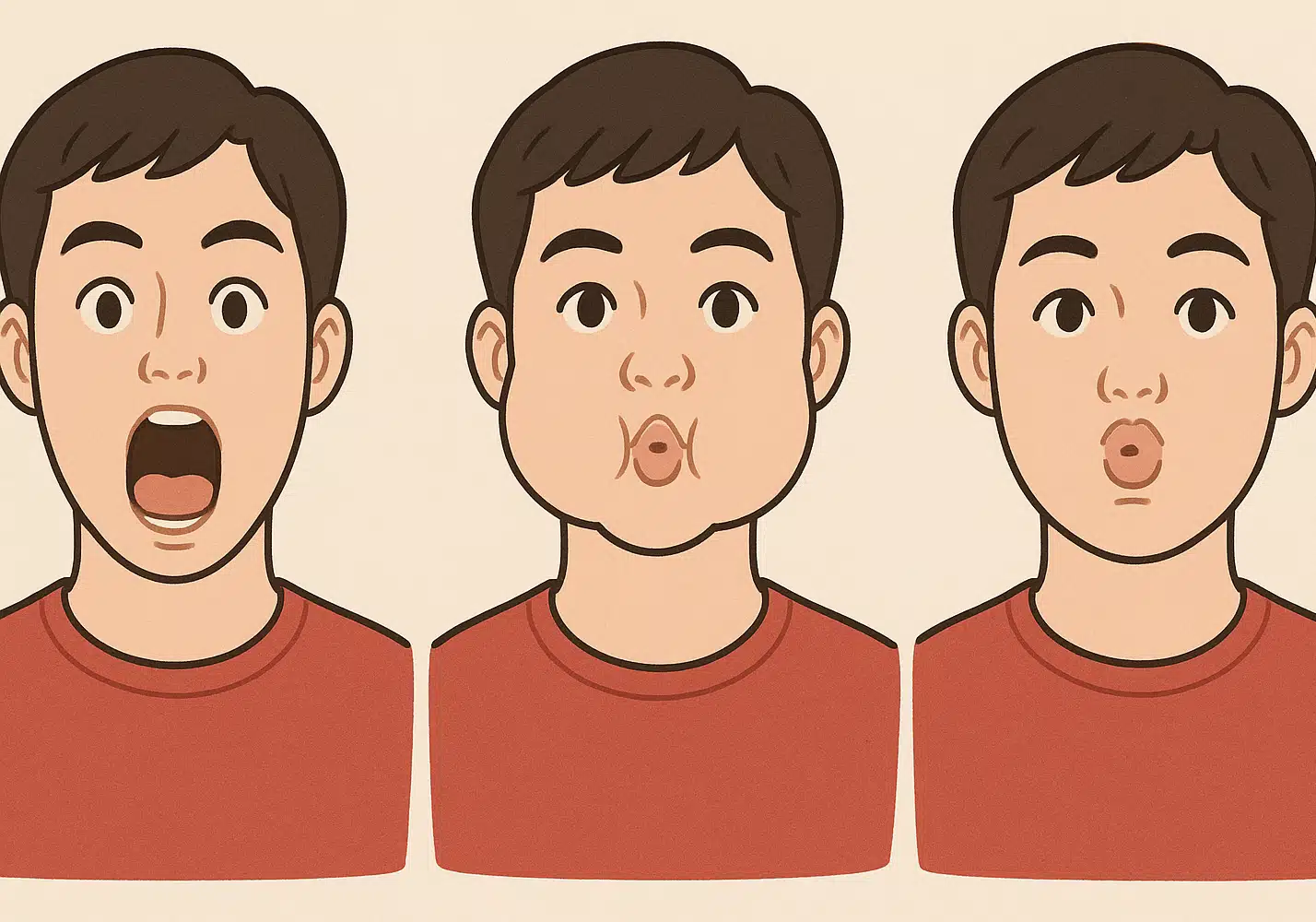 입을 크게 벌렸다 다물기, 볼 부풀리기, 입술 내밀기 등 얼굴 근육 운동을 하는 사람