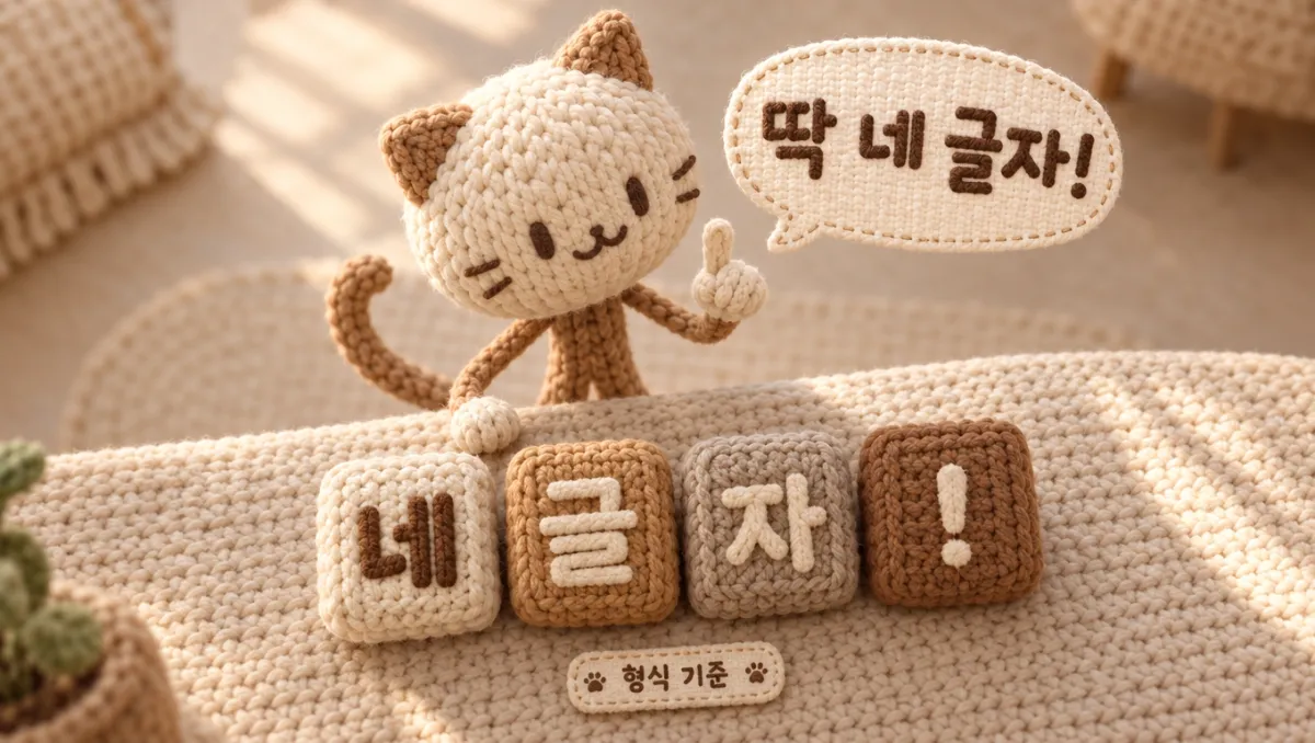 네 글자 얀 블록을 세는 니트 고양이 일러스트, 사자성어의 형식 기준 설명 이미지