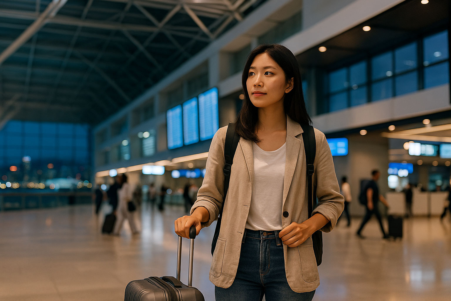공항 탑승 게이트 구역에서 캐리어를 끌고 걸어가는 젊은 한국 여성의 뒷모습. 밝은 조명의 대형 유리창을 따라 햇살이 들어오는 장면이 평화롭고 정적인 분위기를 연출한다.