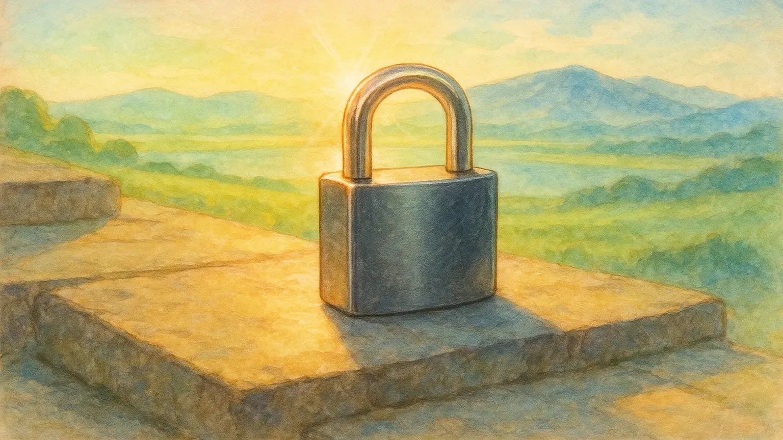 굳건한 자물쇠와 그 뒤로 펼쳐지는 평온한 풍경을 통해, 법적 조치가 어떻게 개인의 안전과 일상의 평화를 지켜주는지를 상징적으로 표현하는 이미지