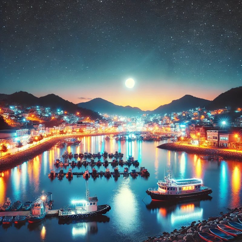 A scenic night sky above Yeosu with stars twinkling brightly, 여수밤바다