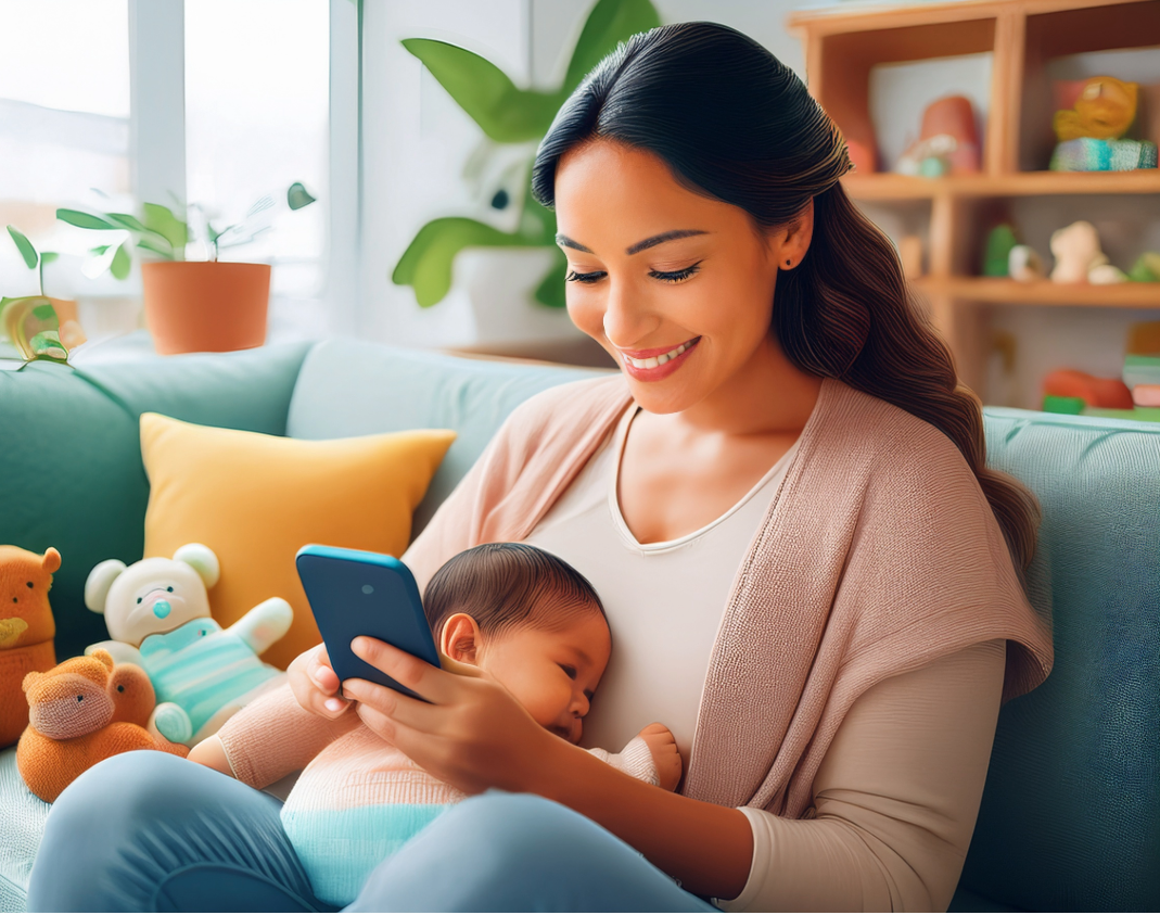 아이를 안은 채, 육아앱을 사용해 스마트육아를 하는 엄마의 모습_image generated by Leonardo AI