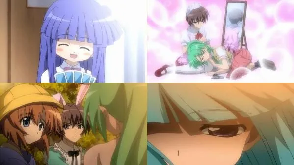 쓰르라미 울 적에 례에서 등장인물 리카, 사토시, 레나 등이 다양한 표정으로 등장하는 장면