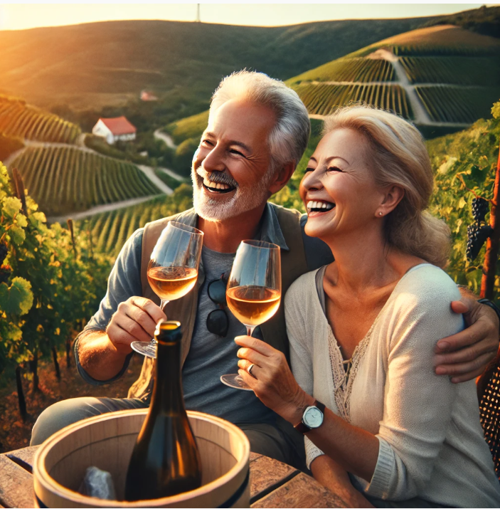 독일의 포도 농장을 배경으로 은퇴한 부부가 활짝 웃으면서 와인을 마시는 모습