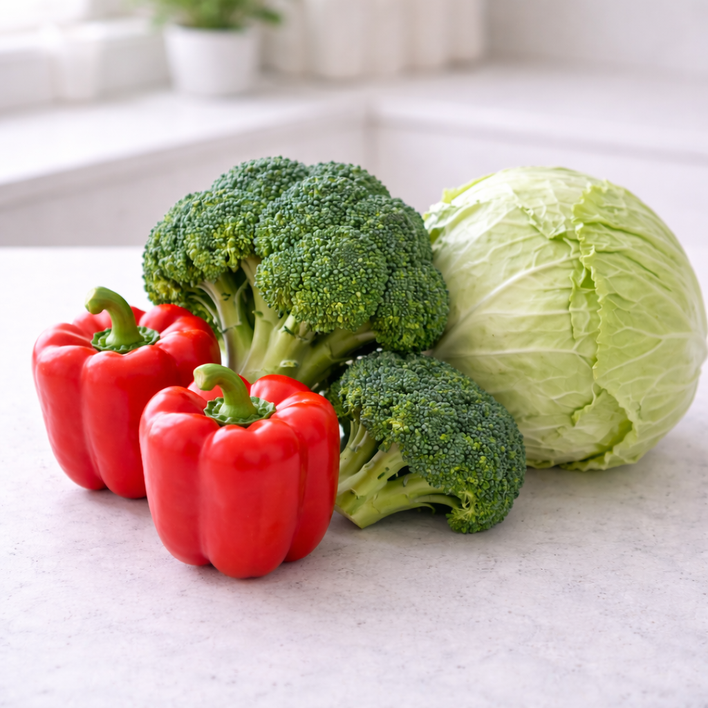 비타민 C가 풍부한 피망과 브로콜리, 양배추 정물 사진