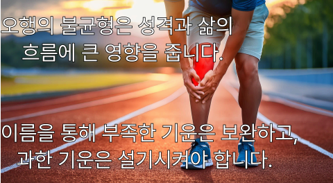육상 트랙 위에 무릎을 부여잡은 사람의 뒷모습과 함께 '오행의 불균형은 성격과 삶의 흐름에 큰 영향을 줍니다'라는 문구가 적혀 있음