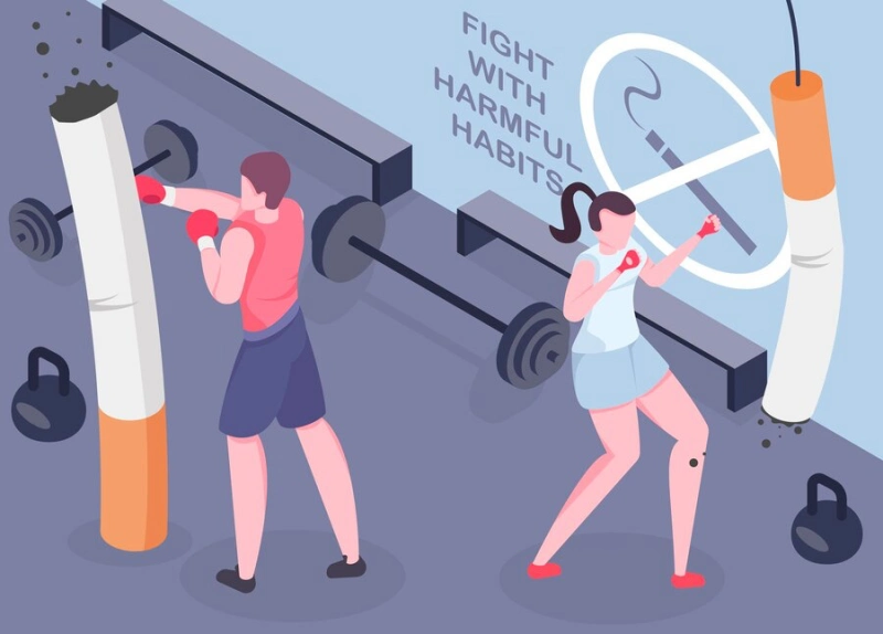 담배 형상의 샌드백으로 운동하는 남녀