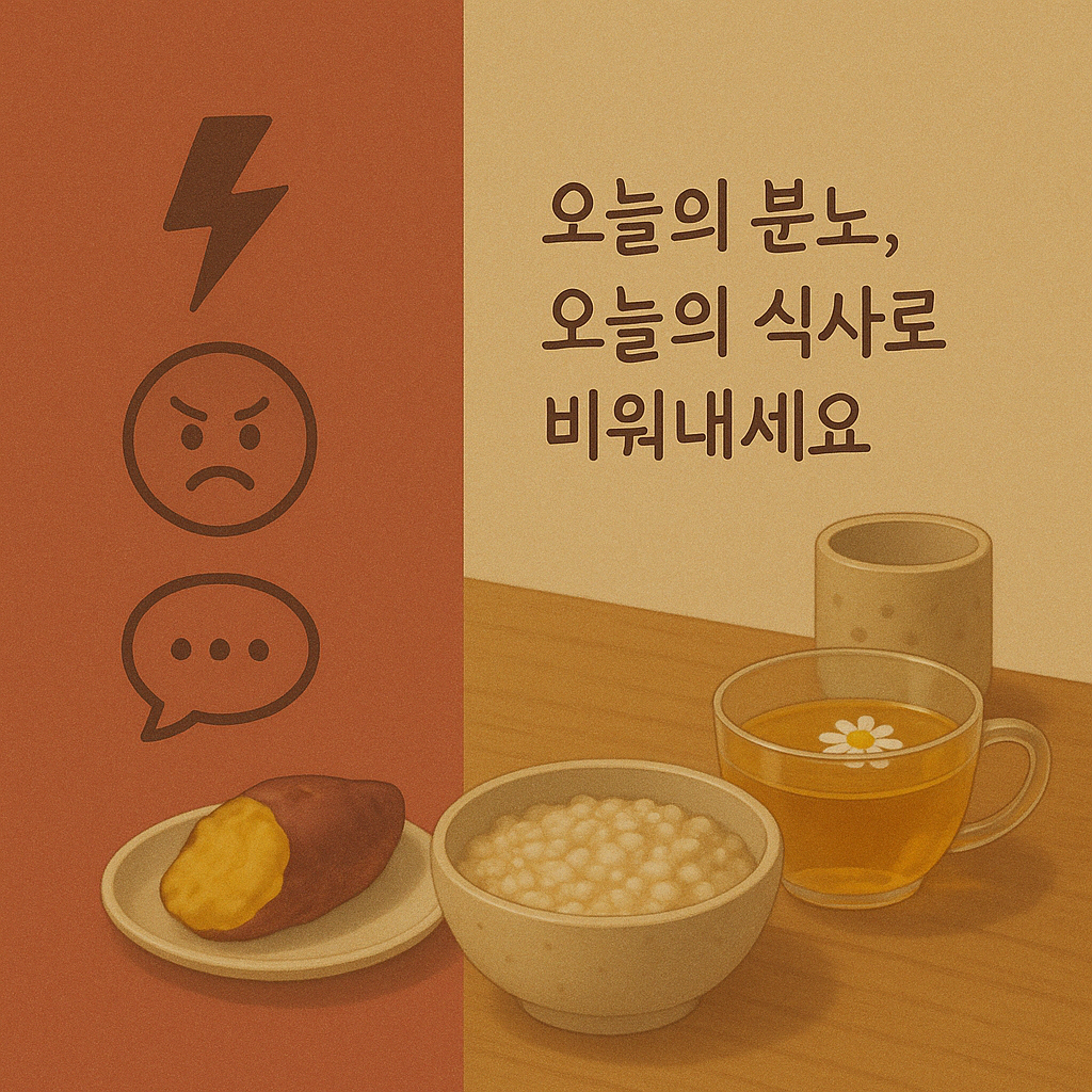 &quot;분노가 차오를 때, 오늘의 식사로 비워내세요.&quot; 문구와 고구마랑 따뜻한 차가 있는 식사 그림