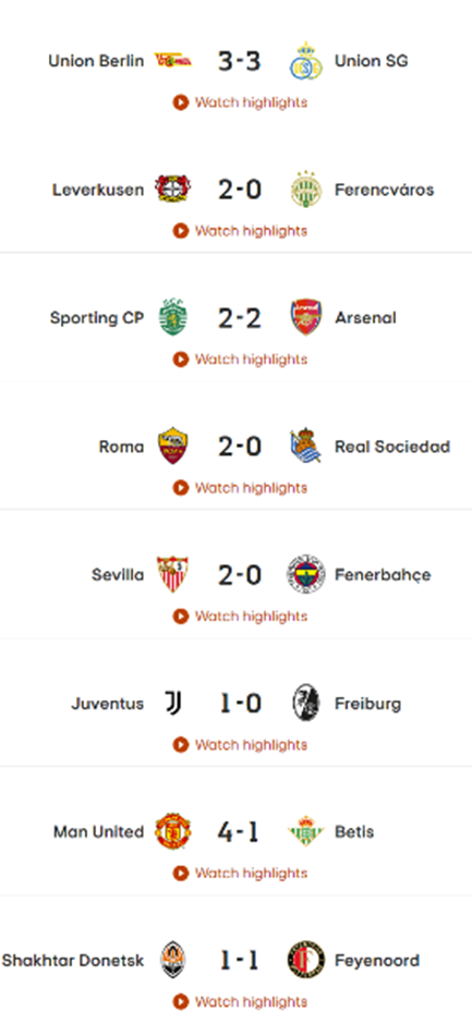 22/23 시즌 UEFA 유로파리그 16강 1차전 경기 결과