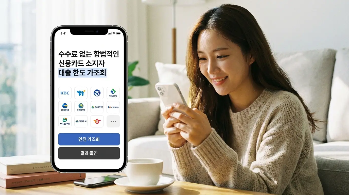 스마트폰 대출 비교 플랫폼을 통해 수수료 없는 합법적인 신용카드 소지자 대출 한도를 안전하게 가조회하는 소비자의 모습