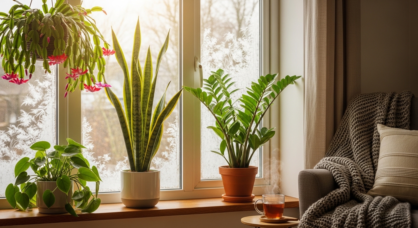 겨울철 창가에 놓인 따뜻하고 아늑한 실내 공간에서 건강하게 자라는 산세베리아, 스킨답서스, 꽃이 핀 크리스마스 선인장.