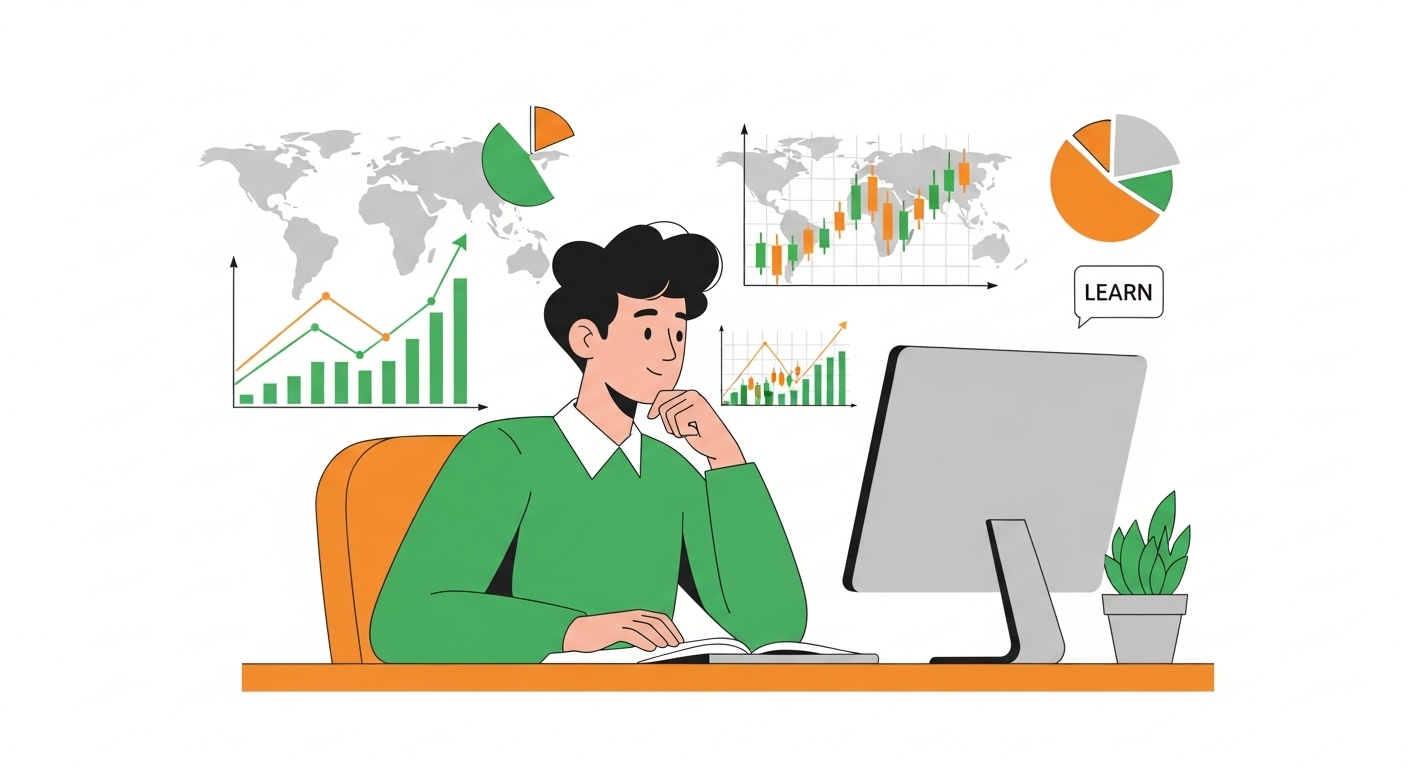 ํด์ธ ์ฃผ์ ํฌ์๋ฅผ ์ฒ์ ์์ํ๋ ์ด๋ณด์๊ฐ ์ปดํจํฐ ์์์ ๊ธฐ๋ณธ์ ์ธ ํฌ์ ์์น์ ๋ฐฐ์ฐ๊ณ  ์๋ ๋ชจ์ต์ ์ผ๋ฌ์คํธ