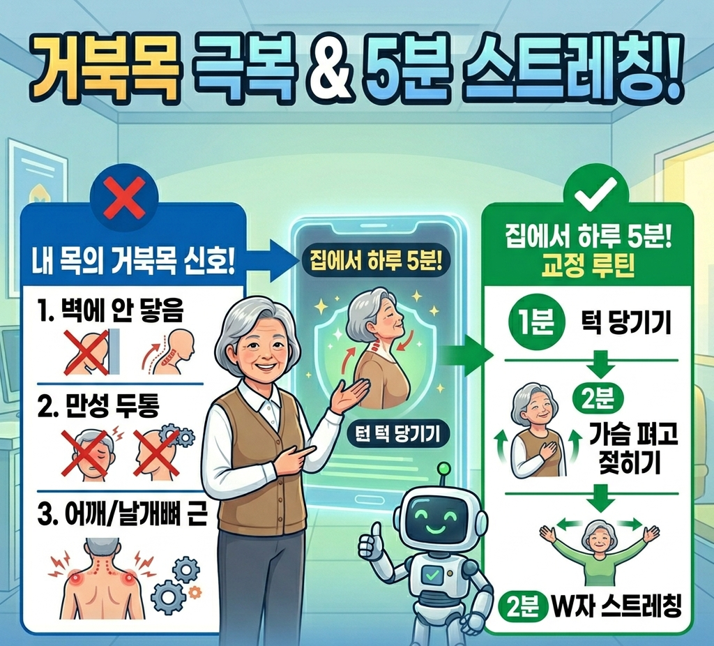 "거북목 증후군 자가진단 3가지 신호와 집에서 하루 5분 투자로 경추 C자 곡선을 복원하는 과학적인 스트레칭 교정 루틴(턱 당기기, 가슴 열기, W자)을 요약한 전문 인포그래픽 썸네일"