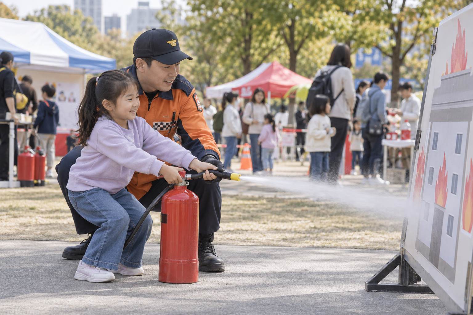 소방관의 도움을 받아 훈련용 소화기 체험을 하는 아이