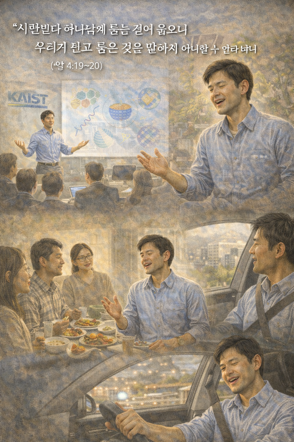 행4:19-20 말씀을 통해 누구의 음성에 순종해야 할지를 생각하고&amp;#44; 하나님과 동행하며 그 삶을 진솔하게 간증하는 삶을 지속할 것에 대해 동기부여되었고&amp;#44; 오늘도 하나님과 동행한 삶을 나누려는 시도를 3회 이상 하는 모습을 그려주세요. 워크숍에서 발표하고 사람들과 식사하며&amp;#44; 자동차 조수석에 타고 대전으로 돌아오는 길에서 주님을 증거하는 담대히 갖는 모습입니다.