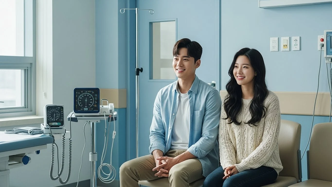 병원 검사실에서 건강검진을 받기 위해 대기 중인 남녀 이미지