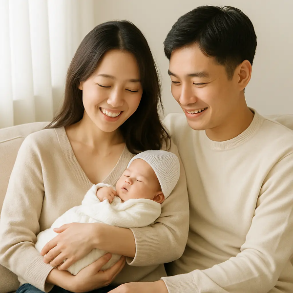 소파에 함께 앉은 젊은 부부가 신생아를 바라보며 행복하게 미소 짓는 따뜻한 가족 이미지, 텍스트 없음