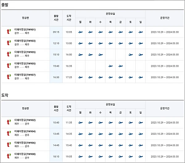 티웨이-운항-스케줄