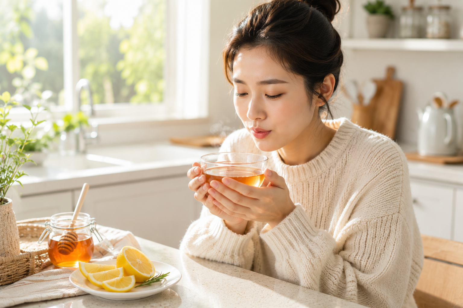 감기에 좋은 차를 너무 뜨겁지 않게 식혀 마시는 모습