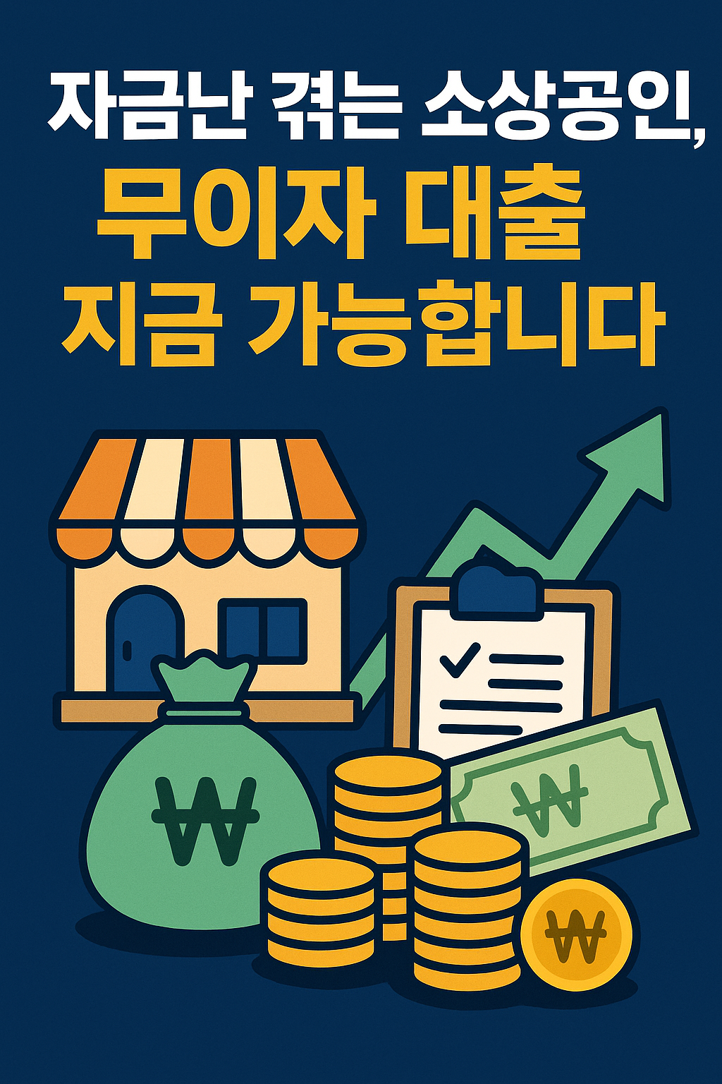 소상공인 무이자 대출을 상징하는 가게, 돈자루, 체크리스트, 화폐와 상승 화살표 아이콘