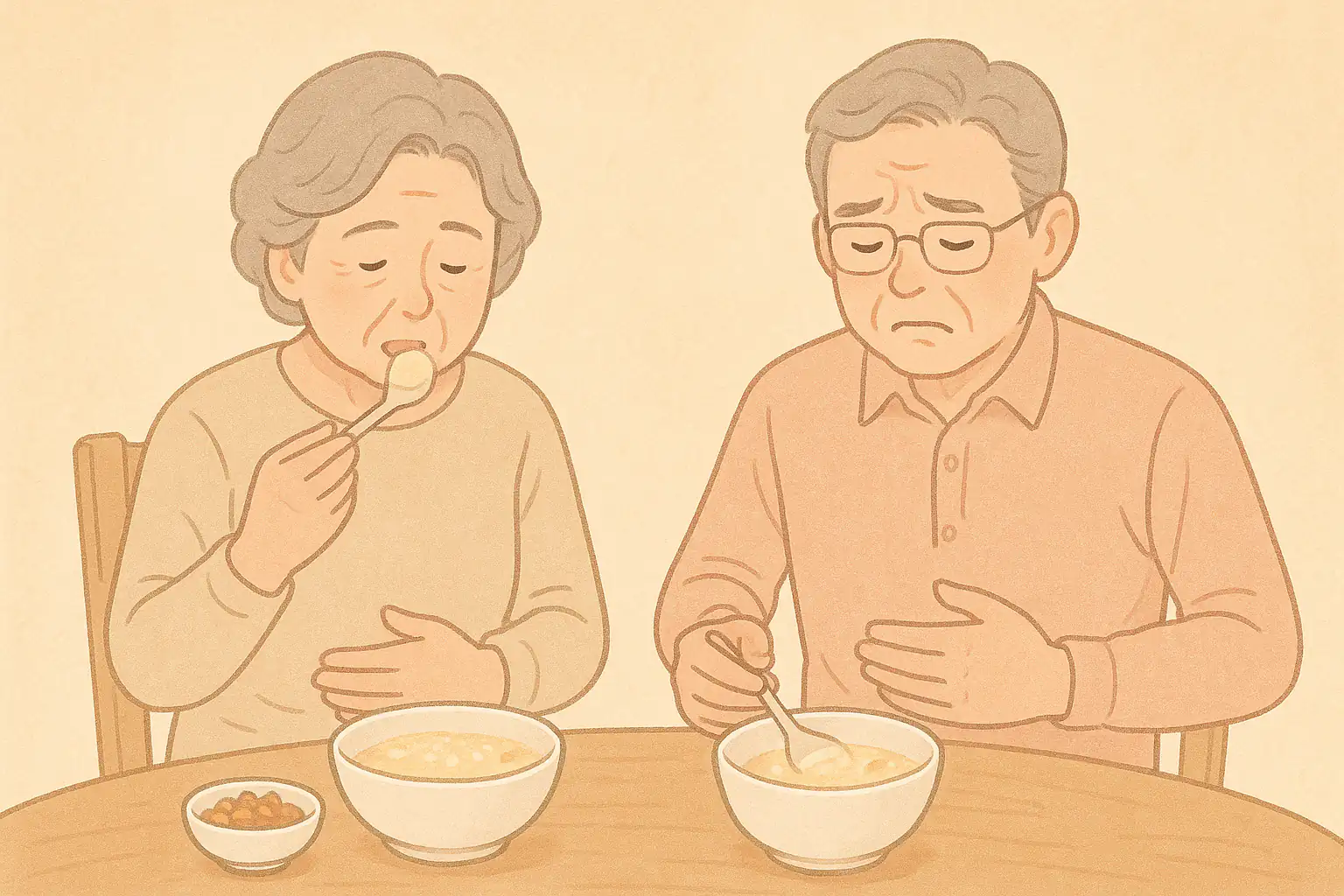 죽과 부드러운 음식을 먹고 있는 노인 부부, 소화 불편으로 배를 살짝 잡고 있는 모습