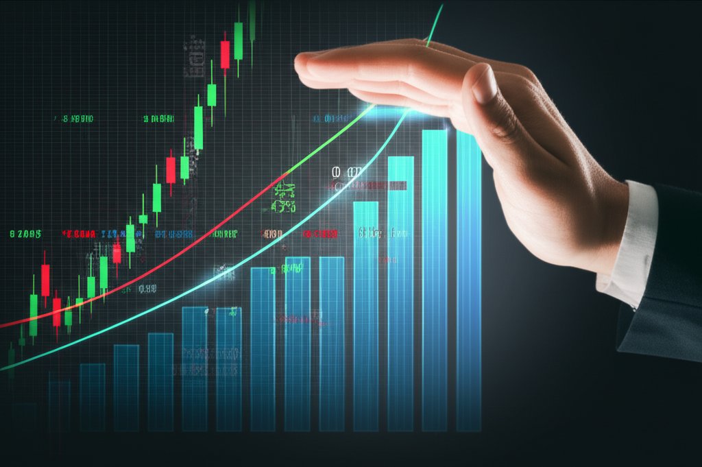 안정 그래프를 보호하는 손, 변동성 시장 배경, 매거진 에디토리얼 스타일, 고급스러운 화보 느낌