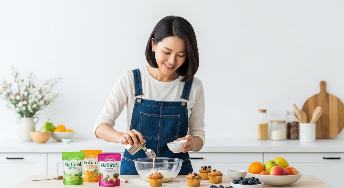 한국 여성이 주방에서 에리스리톨 등 천연 감미료를 사용하여 건강한 머핀을 베이킹하는 모습. 설탕 없이도 맛있는 홈베이킹을 즐기는 장면입니다.