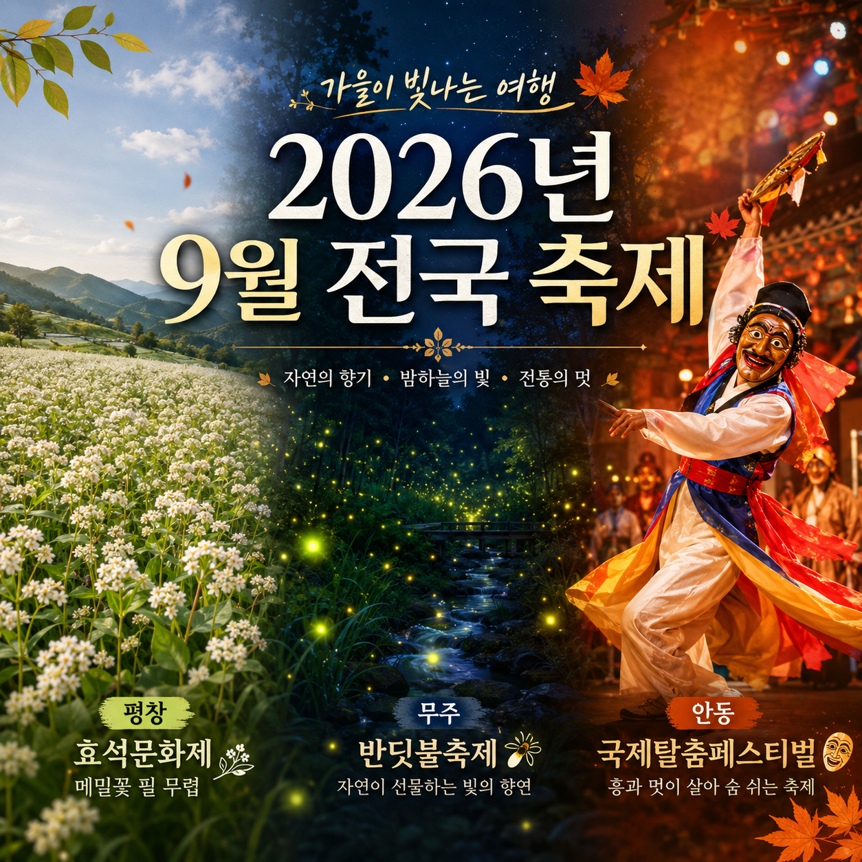 2026년 9월 전국 축제 일정과 평창 효석문화제 무주 반딧불축제 안동 국제탈춤페스티벌을 정리한 이미지