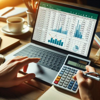 사업 관련 작업을 하는 남성의 모습, 계산기와 노트북을 사용하는 장면입니다.