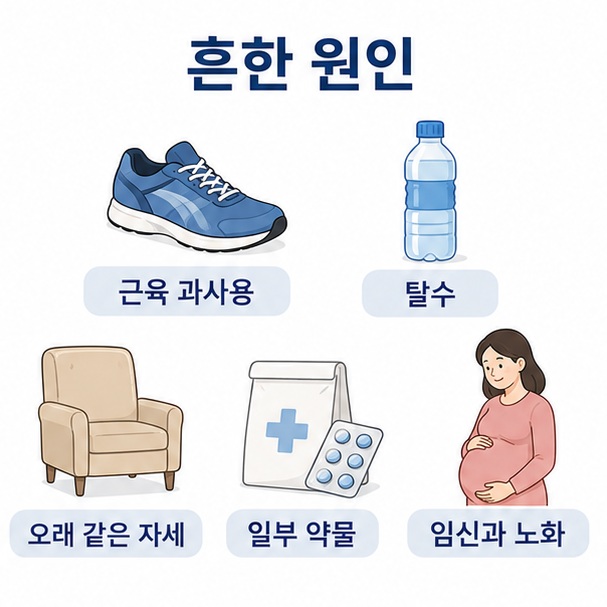 운동 과사용과 오래 유지한 자세, 탈수, 일부 약물, 임신과 노화 등 종아리 경련의 흔한 원인을 정리한 이미지