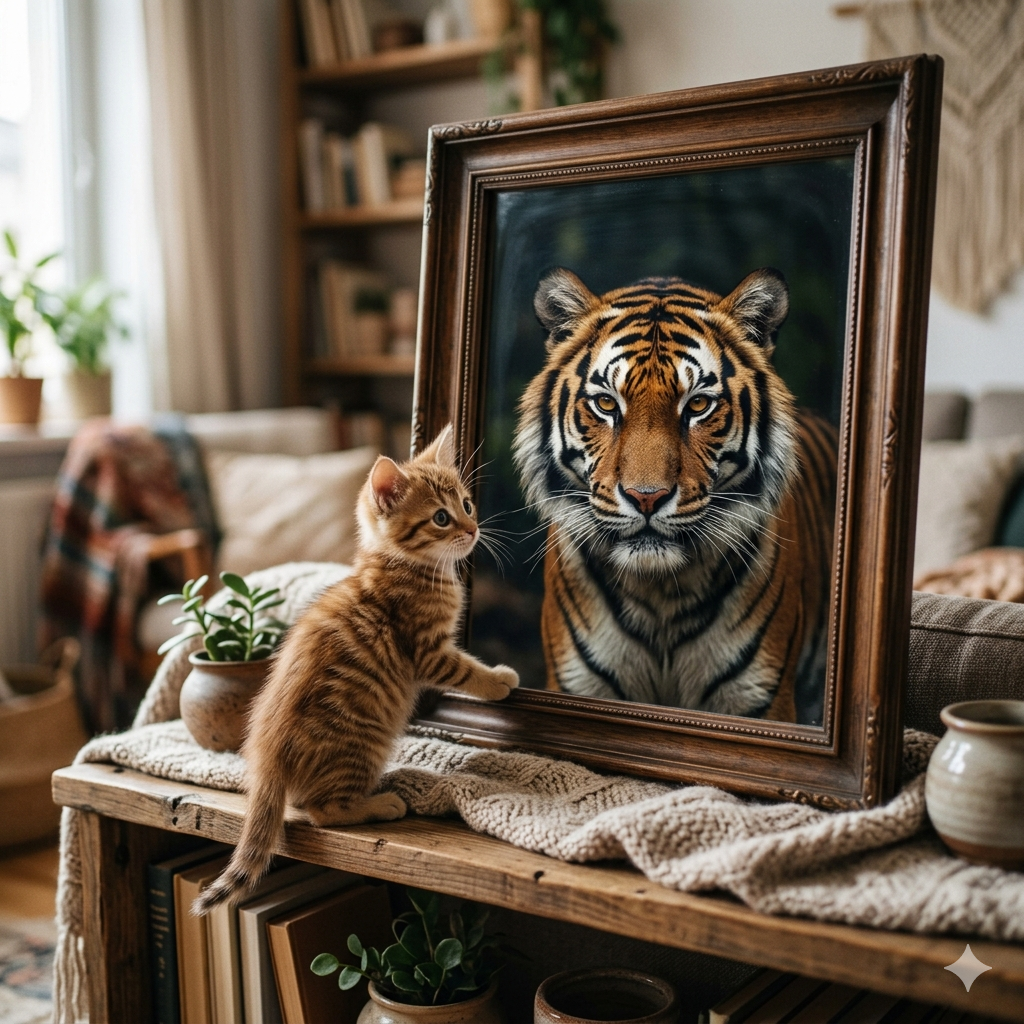 거울을 보고 있는 아기 고양이, 거울 속에 비친 모습은 다름 아닌 호랑이다
