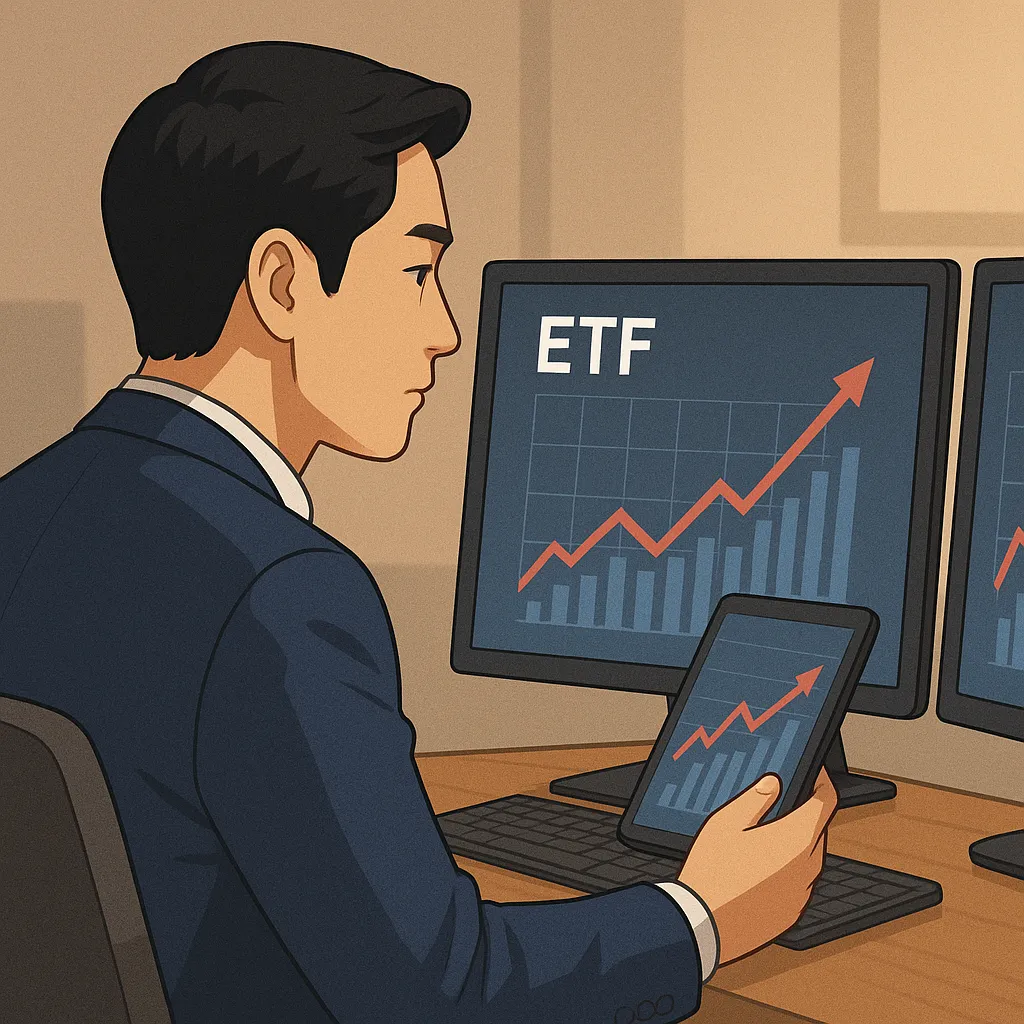 듀얼 모니터와 태블릿으로 ETF 성과 비교