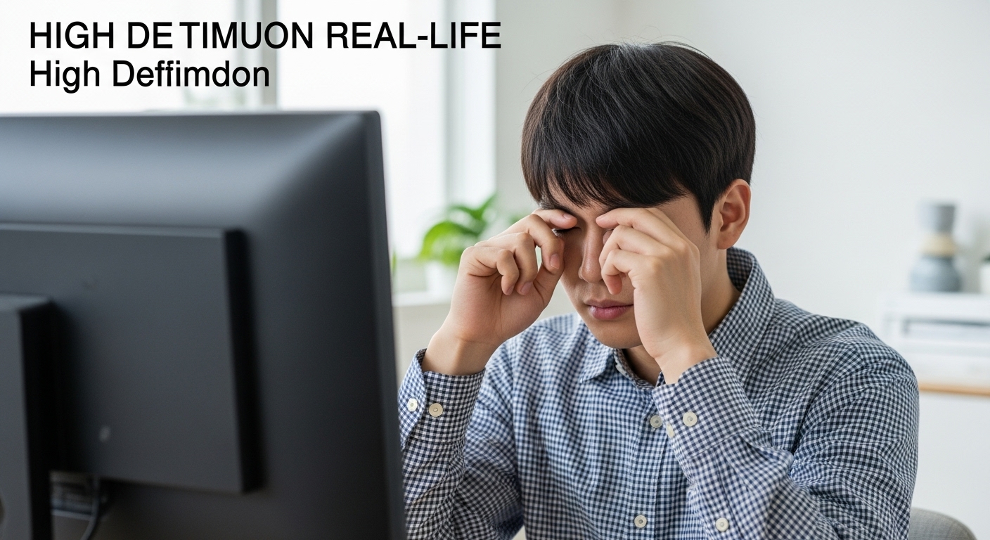 모니터 앞에서 눈을 비비는 청년