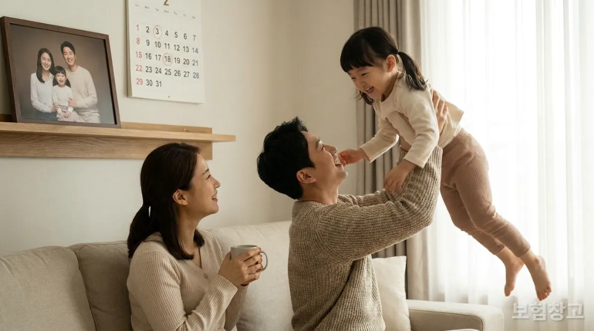 거실에서 행복하게 놀고 있는 아빠와 아이를 바라보는 엄마의 모습