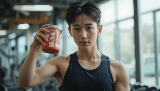 운동 전 앨부민 영양제 들고 준비하는 모습