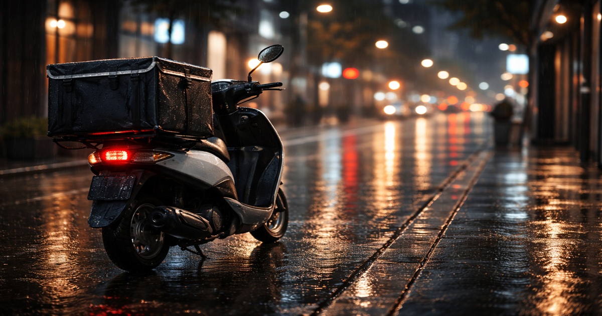 비가 내리는 야간 도심 도로에 배달 가방을 달고 세워진 오토바이, 배달 부업의 현실적인 분위기를 담은 장면