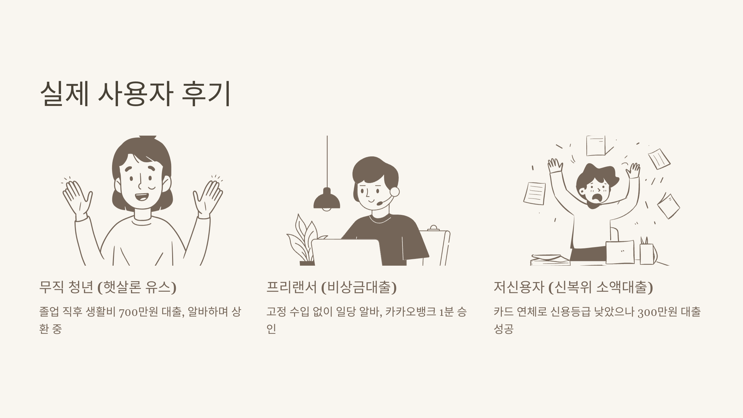 무직자, 프리랜서, 저신용자까지 다양한 케이스 모음