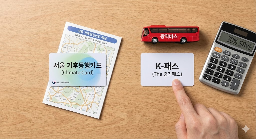 서울 기후동행카드와 K패스(The 경기패스) 비교 사진. 경기도민에게 유리한 광역버스 혜택과 30% 절약 계산기가 있는 K패스를 손으로 선택하는 모습